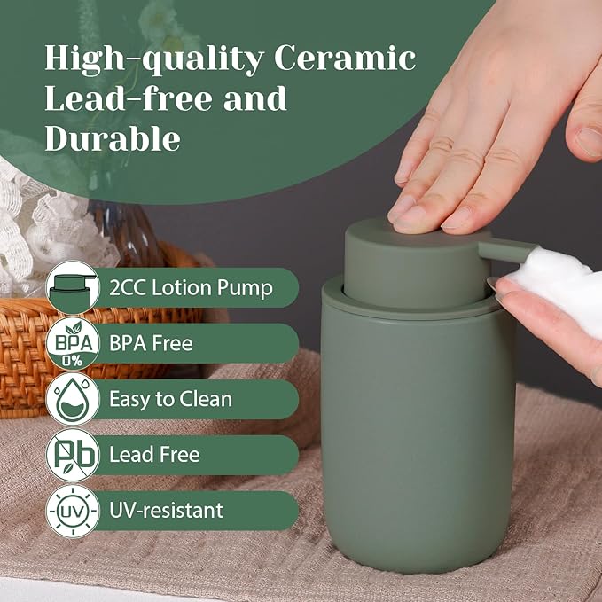 INGOFIN Ceramic Foaming Soap Dispenser Set, 2 Pack (12 oz) Bathroom Foam Hand Soap Dispenser with Pump, Hand and Dish Dispenser Set with 8 Pcs Clear Stickers,for Kitchen- Matte Green