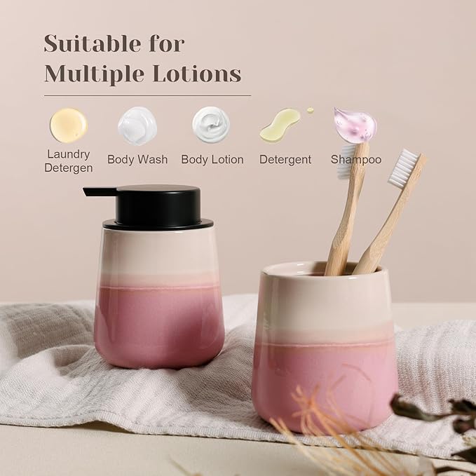 INGOFIN Ceramic Hand Soap Dispenser - 12 oz Liquid Lotion Dispenser Bathroom, Refillable Modern Dish Soap Dispenser with Pump for Kitchen, Beige and Pink