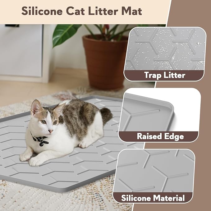 Cat Litter Box Mat, Large 40" X 28" Litter Trapping Mat for Cats, Waterproof Silicone Pad for Floor, Gray
