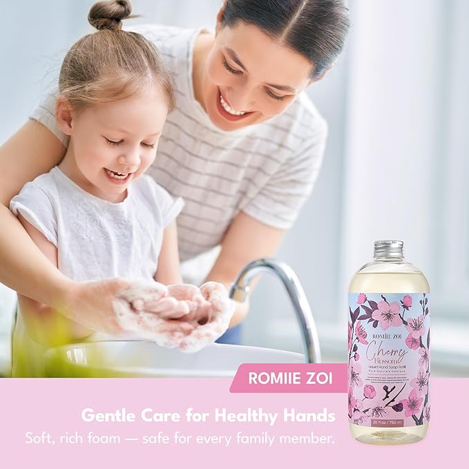 ROMIIE ZOI Cherry Blossom Liquid Hand Soap Refill Gift Set – 3 Pack (26 Fl Oz Each), Moisturizing & Gentle, Biodegradable Formula with Essential Oils for Spa, Kitchen, Bathroom