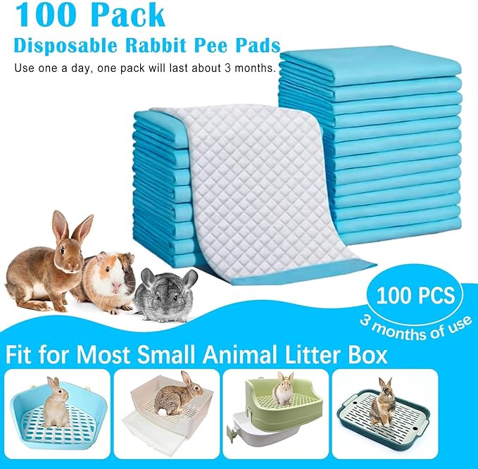 kathson 100Pcs Rabbit Pee Pads,18" x13" Disposable Bunny Diapers Cage Liners,Super Absorbent Pet Toilet Training Pads for Guinea Pig,Hedgehogs,Hamsters,Chinchillas,Cats,Reptiles and Small Animals