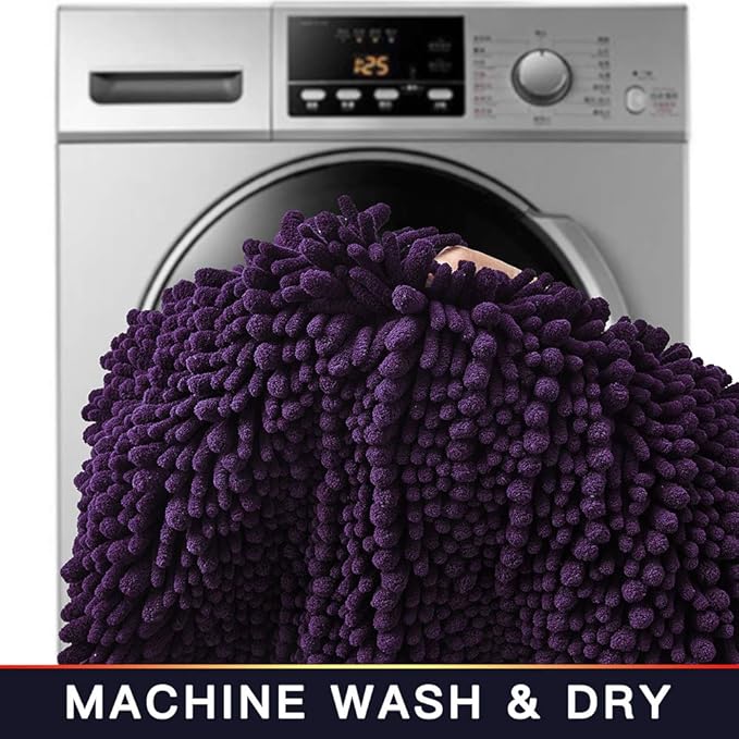 Walensee Bathroom Contour Rug Non Slip Toilet U Shaped Bath Mat (20x24, Dark Purple) Water Absorbent Super Soft Shaggy Chenille Machine Washable Dry Extra Thick Perfect Absorbant Best Plush Carpet