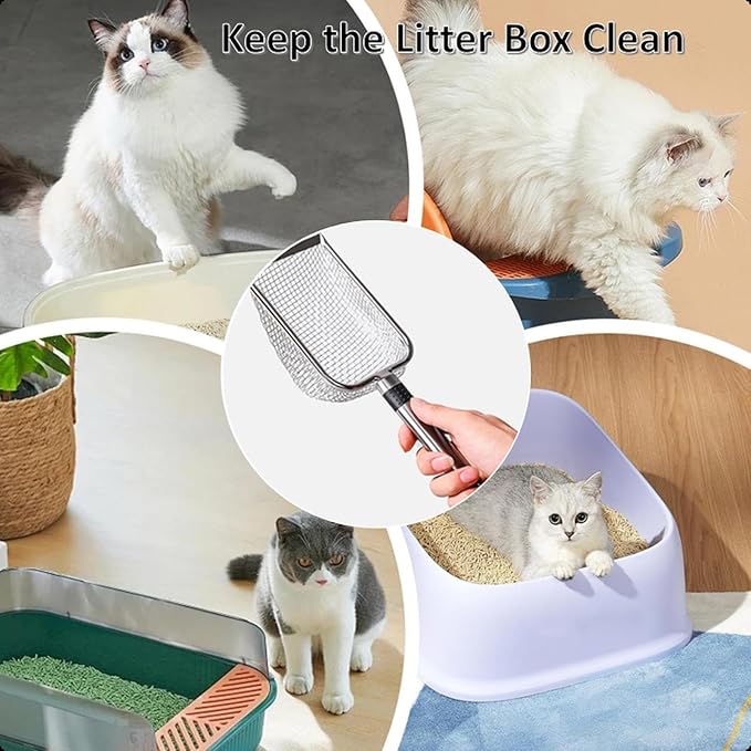 Integrated Metal Cat Litter Scoop, Stainless Steel Mesh Litter Scoop, Long Handle Cat Scooper, Poop Sifting Mesh Litter Deep Shovel, Cat Litter Scooper for Litter Box/Reptile Terrarium Sand Waste