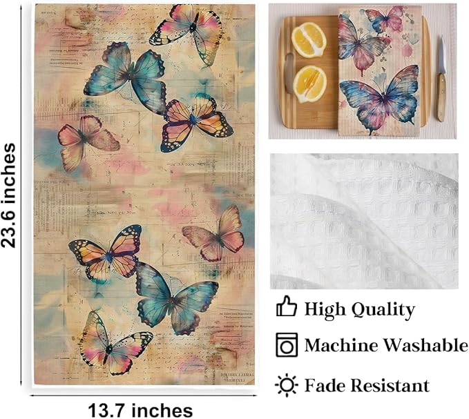 3 Pcs Vintage Butterfly Kitchen Towels, Rustic Decorative Absorbent Microfiber Dish Cloth Tea Towel, Artistic Waffle Soft Hand Towels for Farmhouse Home Bathroom, Butterfly Gifts