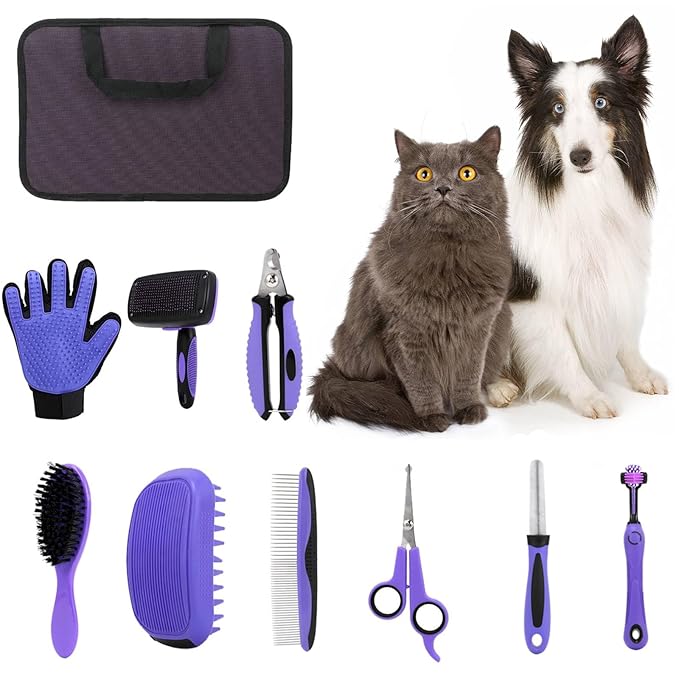 Pet Grooming Kit 9-in-1For Dogs and Cats: Deshedding Brush, Nail Clippers & Massage Glove for Daily Grooming, Shed Control & Bonding at Home – Essential Tools for Pet Owners
