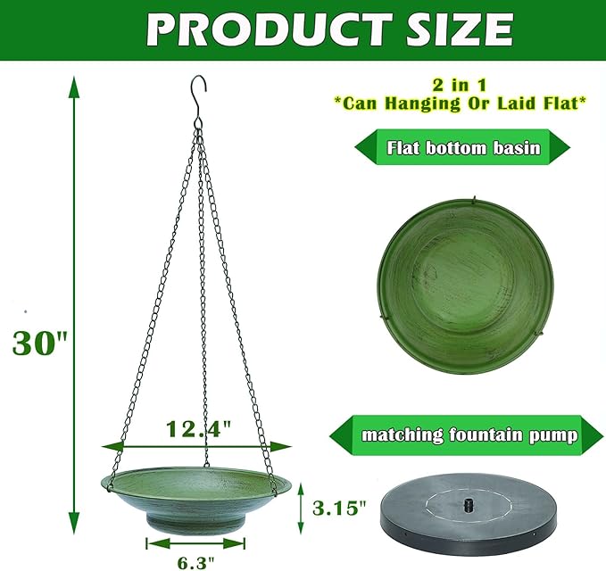 30" H*12.4" W Solar Fountain Hanging Bird Bath, Metal Bird Bath Bubbler, Outdoor Bird Bath Bowl, for Outdoors Garden Patio Decor.