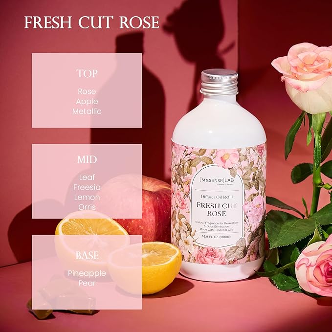 M&SENSE Reed Diffuser Oil Refill, 16.9oz (500ml) with 10 Reed Sticks, Fresh Cut Rose Scent Home Fragrance, Scented Oil Refills, Natural Essential Oils for Diffusers, Home Décor for Home Spa Office