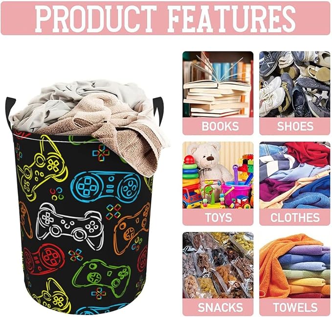 Colorful Game Joystick Silhouettes Laundry Hamper Bag With Waterproof Liner - Round Laundry Basket Foldable Clothes Storage Organizer For Bathroom Bedroom Nursery Dorm, M-19.6"X 15.7"