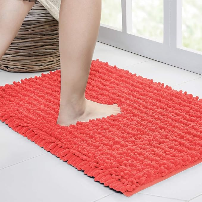 Walensee Bathroom Rug Non Slip Bath Mat (44x24 Inch Coral) Water Absorbent Super Soft Shaggy Chenille Machine Washable Dry Extra Thick Perfect Absorbant Best Large Plush Carpet for Shower Floor