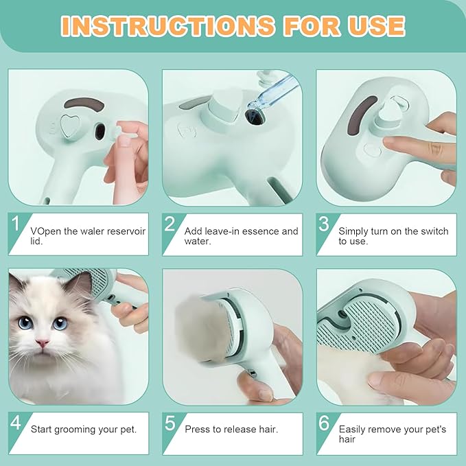 Pet Steam Brush for Dogs and Cats, 3 in 1 Steam Grooming Brush for Hair Shedding and Removal, Cleaning Spray Comb with Mist for Long-Haired Pets, Include Flea Comb, Nail Clippers, 2 Pet Toothbrushes