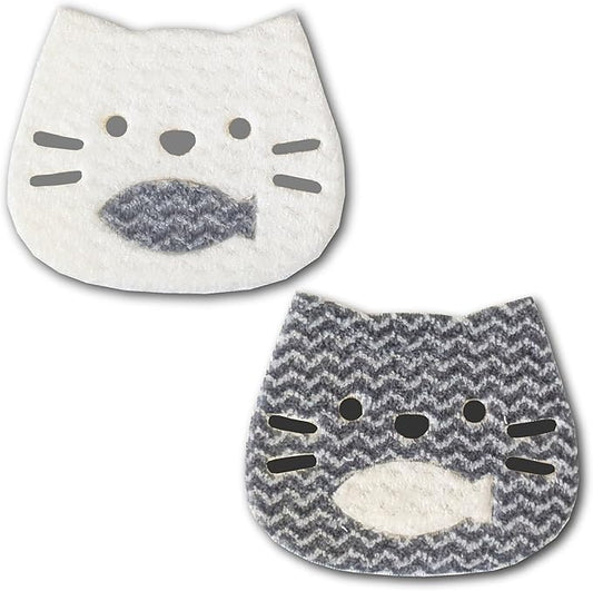 2-in-1 Cat Face Sponge for Kitchen & Bath - Detachable Fish, Wall-Cling Storage, Powered by 1.8 Mil Fiber - Multi-Functional Cleaning Gadget (2 Pack) (Cat - White & Gray)