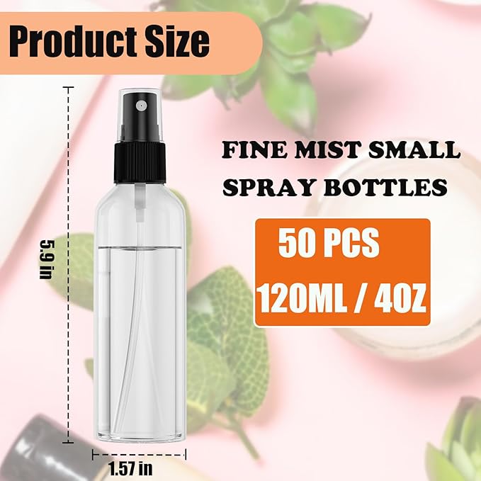 EVANCENT 50Pack 4oz Spray Bottles Plastic, 120ml Small Spray Bottle Bulk Black Fine Mist Sprayer, Portable Empty Refillable Containers Cosmetic Bottles for Plants, Cleaning, Misting & Skin Care