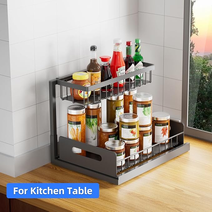 2-Tier Under Sink Slide Out Organizer, 2 Pack Pull Out Cabinet Storage Shelf with Sliding Wire Basket Drawer for Bathroom Kitchen, Countertop or Pantry Shelf, Black