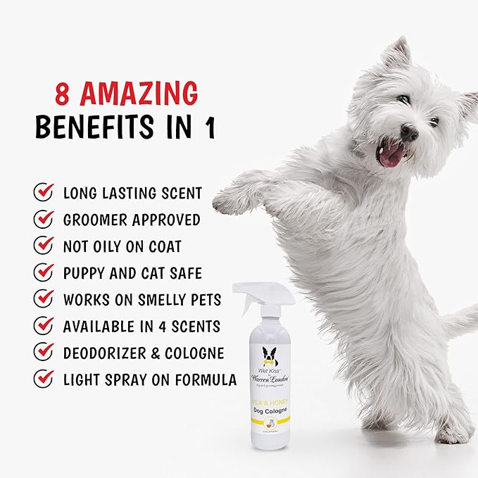 Warren London Wet Kiss Dog Cologne Spray – Milk & Honey | Long-Lasting Odor Eliminator & Coat Freshener for Dogs & Cats | 16 oz