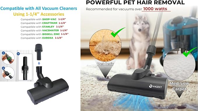 Universal 1.25 Inch (32mm) Turbo Brush Head for 1000W+ Vacuum Cleaners Using 1-1/4'' Accessories - Easy Pet Hair Removal -Works on Low Carpet, Area Rugs & Hardwood Floors