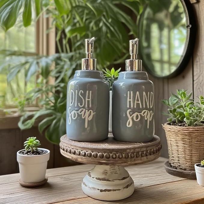 2 Pack Ceramics Hand Soap and Dish Soap Dispenser Set for Kitchen and Bathroom, Refillable Liquid Hand Soap and Premium Kitchen Soap Dispenser, Perfect for Counter Décor (Gray)