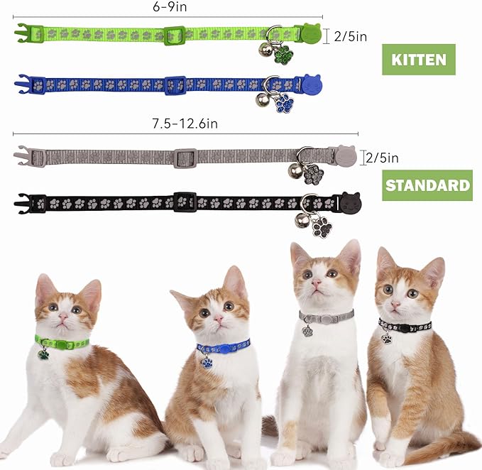4PCS Breakaway Cat Collars,Reflective Cat Collar with Bells,Kitten Collars for Boy&Girl Cats Breakaway Collar for Cats with Paw Pendant 7.5-12.6 Inch(Black+Blue+Green+Grey)