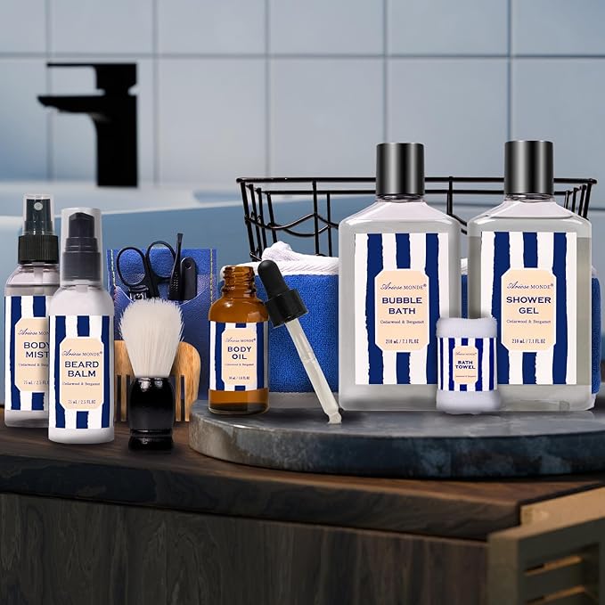 Fathers Gifts for Men Dad Bath and Body Gift Sets for Men with 10 Pcs Cedar & Bergamot Spa Gifts Set, Bath Gift Set Includes Beard Balm, Bubble Bath.Perfect Relaxation Spa Gift Basket for Men