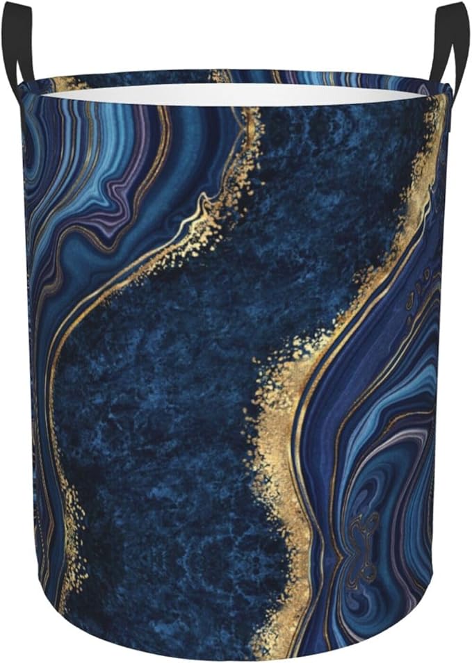 Blue Marble Print Laundry Hamper Bag With Waterproof Liner - Round Laundry Basket Foldable Clothes Storage Organizer For Bathroom Bedroom Nursery Dorm, M-19.6"X 15.7"
