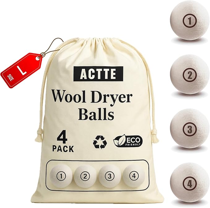 Wool Dryer Balls Laundry, L(2.3") 4 Pack, Premium Fabric Softener Ball, Reusable, Anti Static, Chemical Free Natural Wool Balls for Dryer, Laundry Dryer Balls – 100% New Zealand Wool