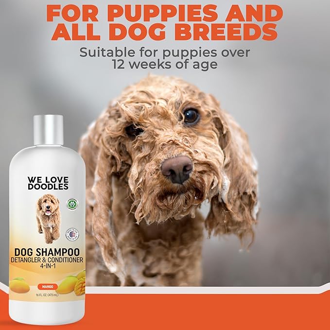 We Love Doodles Dog Shampoo (Mango) and Pin Dog Brush (Bundle) - Pet Shampoo for Matted Hair - Sensitive Skin Shampoo for Puppies - Pin Dog Brush for Shedding & Removing Loose Fur - Made in The USA