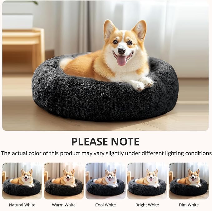 JOLLYVOGUE Small Dog & Cat Beds for Indoor Cats, Donut Cuddler Warming Soft Dog Beds with Anti-Slip Bottom, Round Calming Fluffy Plush Faux Fur Cushion Bed for Medium Dogs (31", Black)