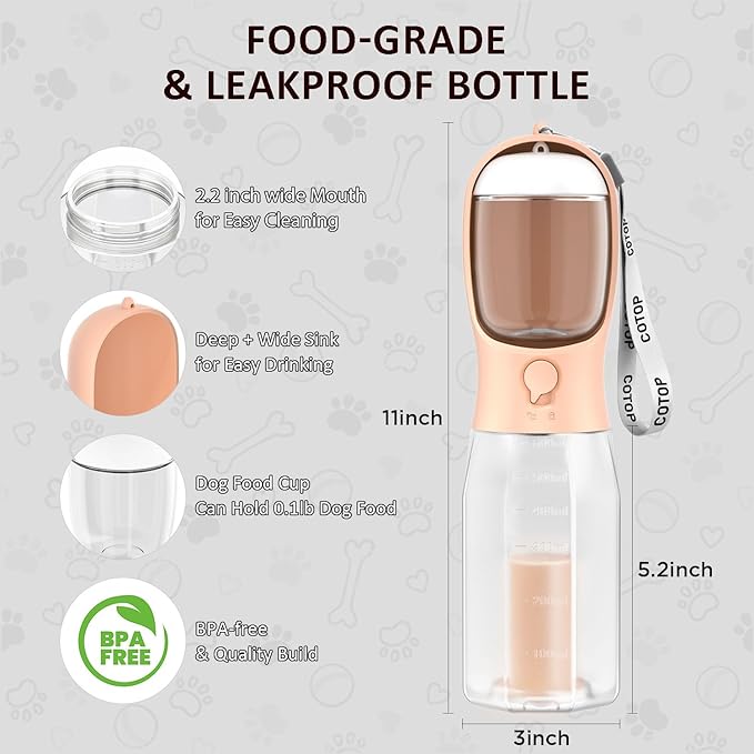20oz Dog Water Bottle with Food Container & Poop Bag Dispenser | Leak-Proof Portable Pet Water Dispenser with Carabiner Clip | for Walking, Hiking, Travel (Peach, 20oz)