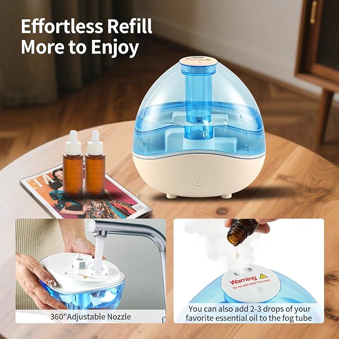 1.5L Cool Mist Humidifier for Bedroom with 360° Adjustable Nozzle, Quiet Ultrasonic Air Humidifier For Babies Nursery, Office, Indoor Plants, Auto-Shut Off,Light-Off,High and Low Mist Levels