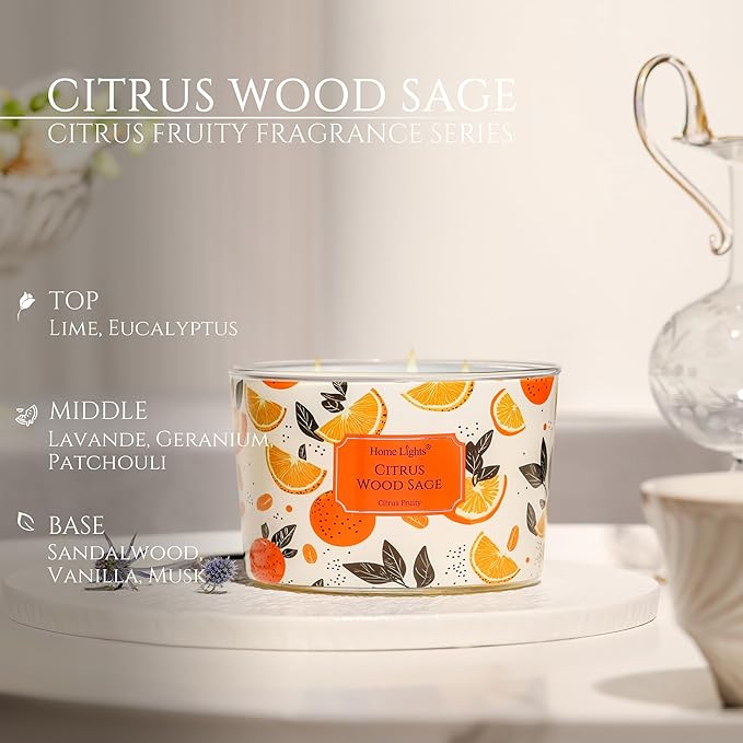 HomeLights Citrus Wood Sage Scented Candles | 18oz Soy Candles Eclectic Mixed Styles 4-Wick Large Candle Jars | Ideal Candle Gifts for Events, Home Decor Stress, Relief & Relaxation