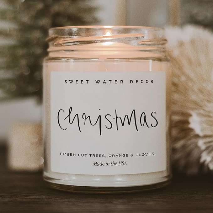 Sweet Water Decor Christmas Scented Candle - Cinnamon, Trees, Orange, and Clove Scented Winter Candle - Christmas Candles and Decor for Home - 9oz. Clear Jar Soy Candle, Made in The USA