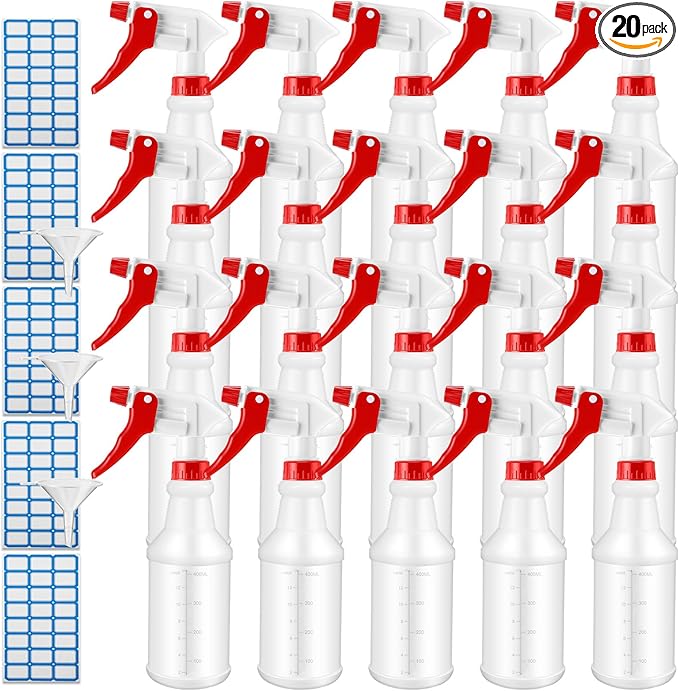 Eccliy 20 Pack 16oz Empty Spray Bottles, Leakproof Cleaning Bottles with Measurement and Adjustable Nozzle for Housekeeping, Commercial Use(Cylinder,Red White New Spray Head)