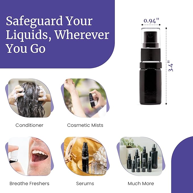 Infinity Jars 10 Ml (.34 fl oz) Black Ultraviolet Glass Fine Mist Spray Bottle Cleaning Products Refillable Containers Homemade Perfume Blends Room, Sprays Bath Beauty Hair, Screw Top Bottles