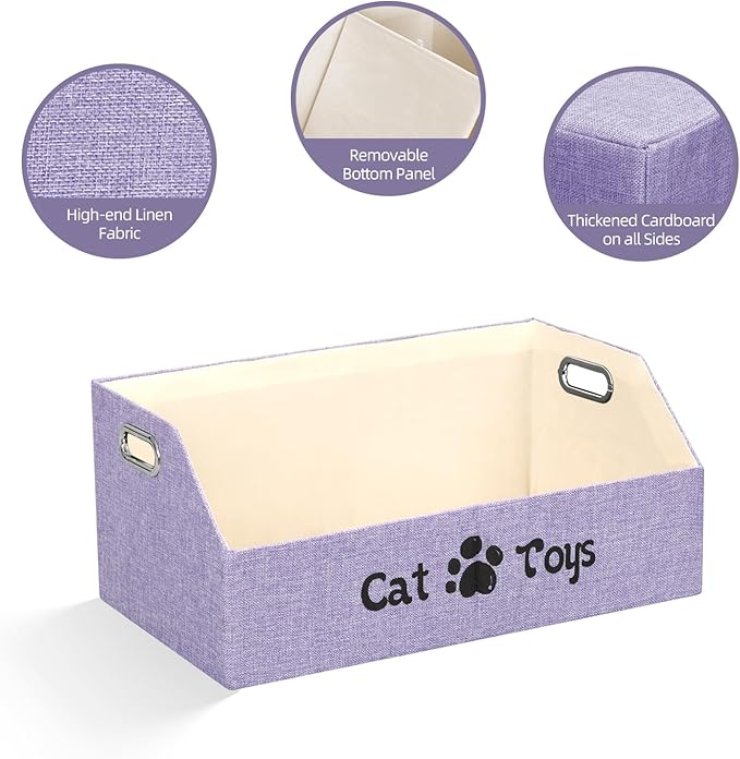 Cat Toy Basket, Kitten Toys Storage Organizer Foldable Fabric Bin Pet Supplies Chest Holder Trapezoid Container with Metal Handles for Organizing Cats Clothes Accessories, Purple