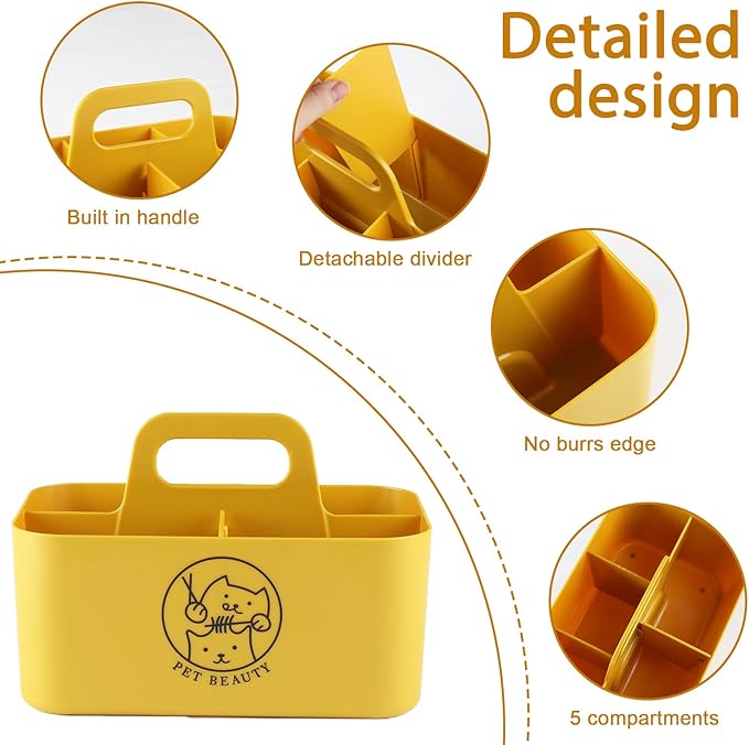 Dog Storage Organizer for Grooming Supplies,Portable Caddy Organizer for Pet Stuff,Divided Storage Bin for Dog Cat Grooming Kit,Dog Stuff Organizer with Handle for Shampoo,Clipper,Comb-Yeloow