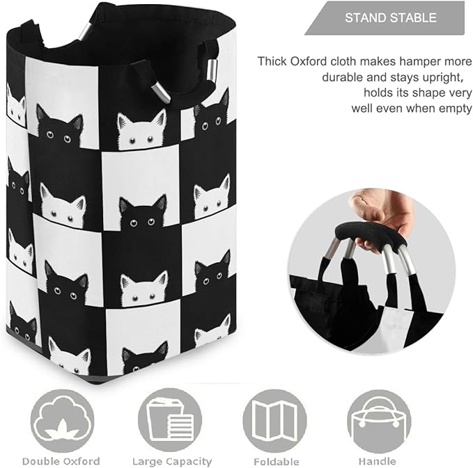 visesunny Black White Cat in the Grid Animal Large Laundry Hamper with Handle Foldable Durable Clothes Hamper Laundry Bag Toy Bin for Bathroom, Bedroom, Dorm, Travel