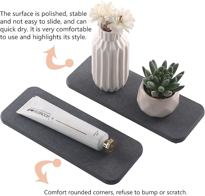 2 Pcs Water Absorbing Stone Trays, Kitchen/Bathroom Sink Soap Dish, Diatomite Tray Used for Hand Soap & Cosmetic Bottles in The Modern Home, 3.54" W x 9" L, Dark Gray