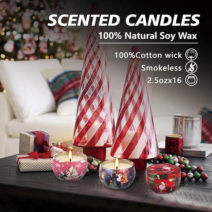 16 Pack Christmas Scented Candles Gift Set 2.5oz Strong Fragrance jar Candles Natural Soy Wax Candles Portable Travel Tin Jar Candles Gifts for Home Scented Decoration Birthday Valentine'sDay