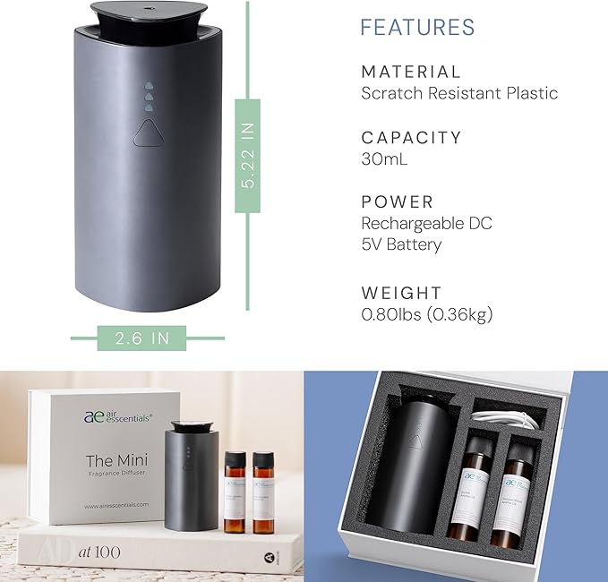 Air Esscentials 'The Mini' Gift Set, Mini Essential Oil Diffuser with Green Tea Lemongrass & Fresh Blue, Rechargeable & Waterless Small Oil Diffuser, 300 sq. ft. Coverage, Signature Scent Collection