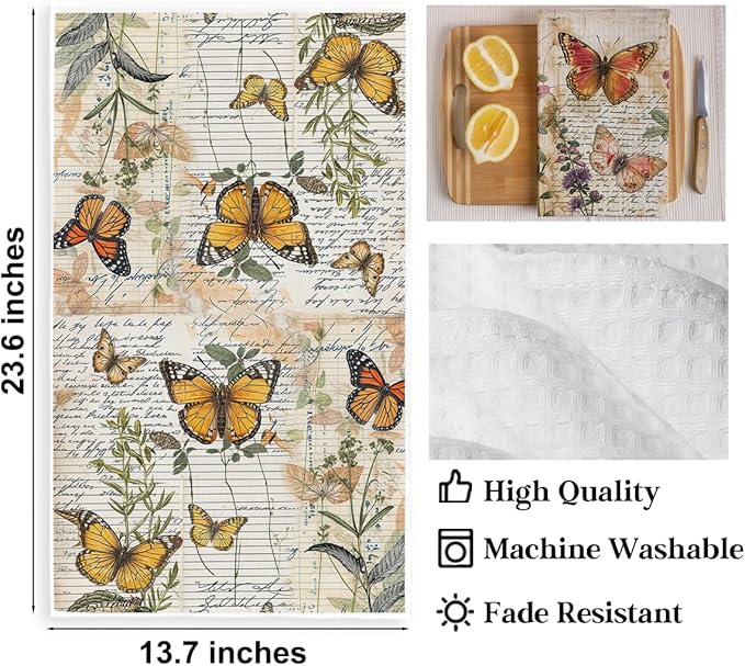 2 Pcs Vintage Butterfly Kitchen Towels, Rustic Botanical Decorative Absorbent Microfiber Dish Cloth Tea Towel, Artistic Waffle Soft Hand Towels for Farmhouse Home Bathroom, Butterfly Gifts 1