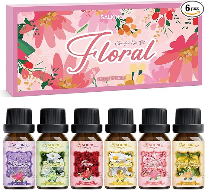 SALKING Floral Essential Oils Set, Premium Pure and Natural Essential Oils, Fragrance Oil Scented Oils for Oil Diffusers 6 x 10 ML - Lavender, Rose, Cherry Blossom, Ylang Ylang, Gardenia, Chamomile