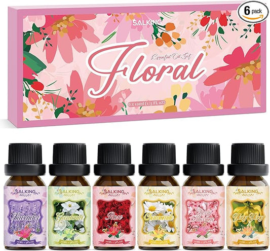 SALKING Floral Essential Oils Set, Premium Pure and Natural Essential Oils, Fragrance Oil Scented Oils for Oil Diffusers 6 x 10 ML - Lavender, Rose, Cherry Blossom, Ylang Ylang, Gardenia, Chamomile