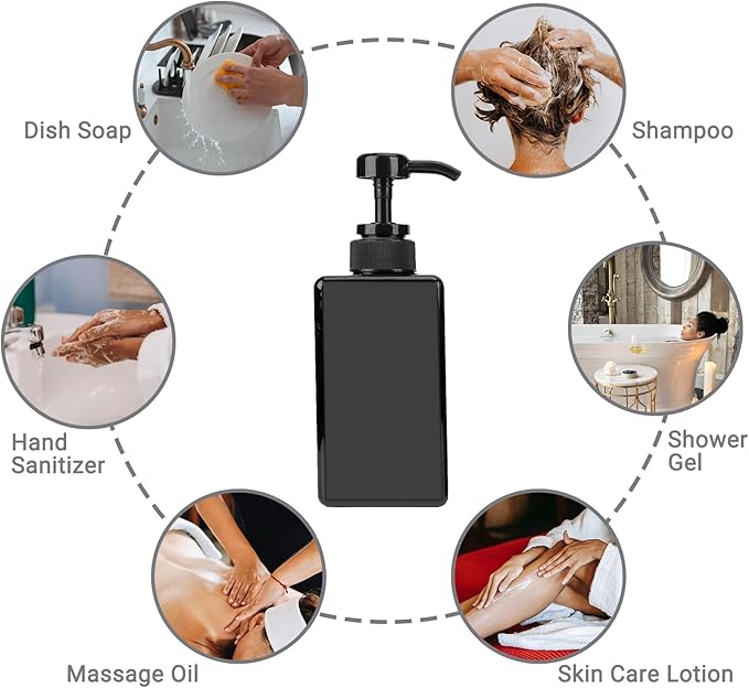 Suream Plastic Shampoo Bottles with Pump 15oz/450ml, Black Bathroom Shampoo and Conditioner Dispenser, Refillable Reusable Empty Pump Press Bottle for Shower, Massage Oil, Lotion, Liquid Soap, 3Pack