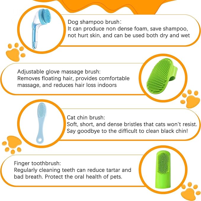 7 PCS Pet Bath Brush Set, Dog Bath Brush with Shampoo Dispenser, Cat Chin Cleaning Brush, Dog Toothbrush, Adjustable Glove Massage Brush, Pet Scrubber for Bathing Long Short Haired Dogs Cats (Green)