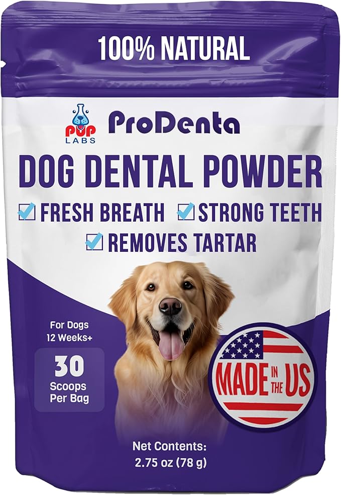 ProDenta, All-Natural Dog Dental Powder for Teeth Cleaning, Dental Powder for Dogs Teeth with Breath Freshener. Easy to use for Tartar Removal and Leaky Gums. Made in USA, 30 Servings