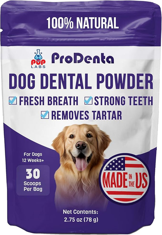 ProDenta, All-Natural Dog Dental Powder for Teeth Cleaning, Dental Powder for Dogs Teeth with Breath Freshener. Easy to use for Tartar Removal and Leaky Gums. Made in USA, 30 Servings