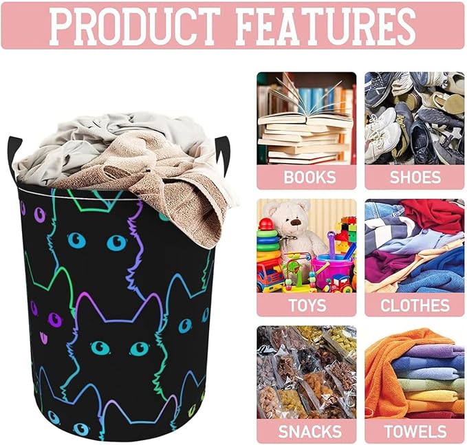 Funny Black Cats Laundry Hamper Bag With Waterproof Liner - Cute Animal Silhouettes Round Laundry Basket Foldable Clothes Storage Organizer For Bathroom Bedroom Nursery Dorm, M-19.6"X 15.7"