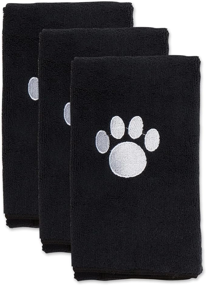 Bone Dry Pet Grooming Towel Collection Embroidered Absorbent Microfiber Drying Set, 15x30, Black, 3 Count
