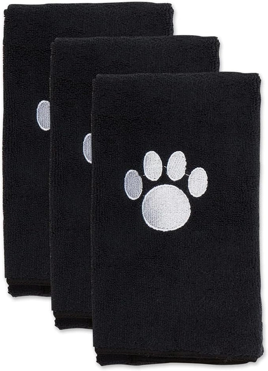 Bone Dry Pet Grooming Towel Collection Embroidered Absorbent Microfiber Drying Set, 15x30, Black, 3 Count