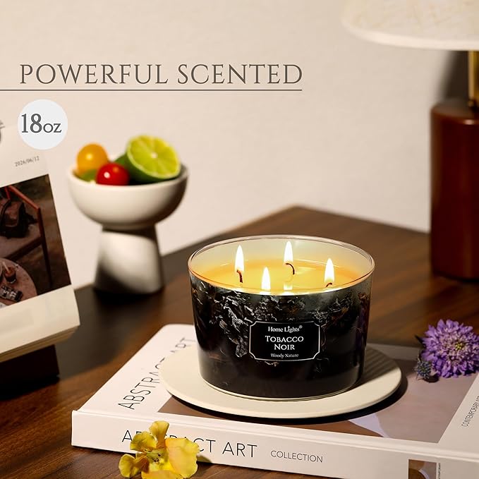 HomeLights Scented Candles for Women & Men, 18oz Candle Jars Aromatherapy 4-Wick Candle, Ideal for Industrial Chic Home Decor and Gifts, Tobacco Noir Fragrance