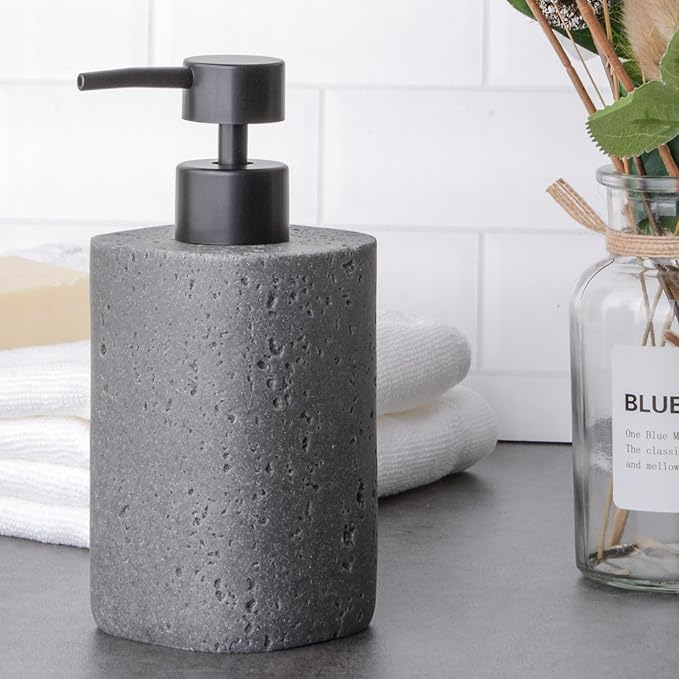 2 Pack Gray Resin Soap Dispensers, Refillable Liquid Lotion Dispenser Bottles with Travertine-Look for Bathroom and Kitchen Countertop, Modern Stone Texture (10.8 oz)